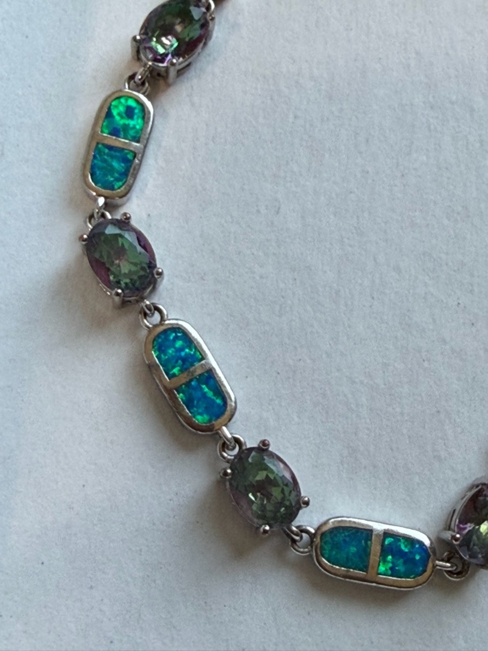 925 Sterling Silver Blue Opal Inlay & Mystic Topaz Tennis Bracelet